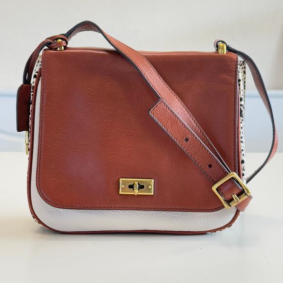 FOSSIL MEMOIR LEATHER & CALF HAIR SLIM SMALL TURNLOCK CROSSBODY PURSE - Picture 1 of 15